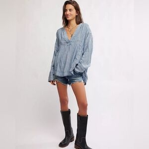 Free People By The Shore Shirt Blue And White Size Small Oversized